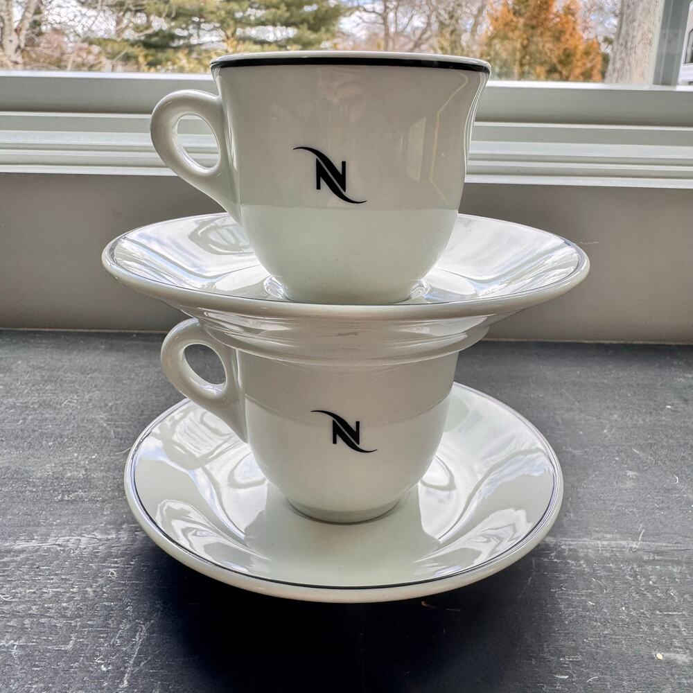 Nespresso Logo Espresso Cups with Saucers Set of 2 White with Black Demitasse
